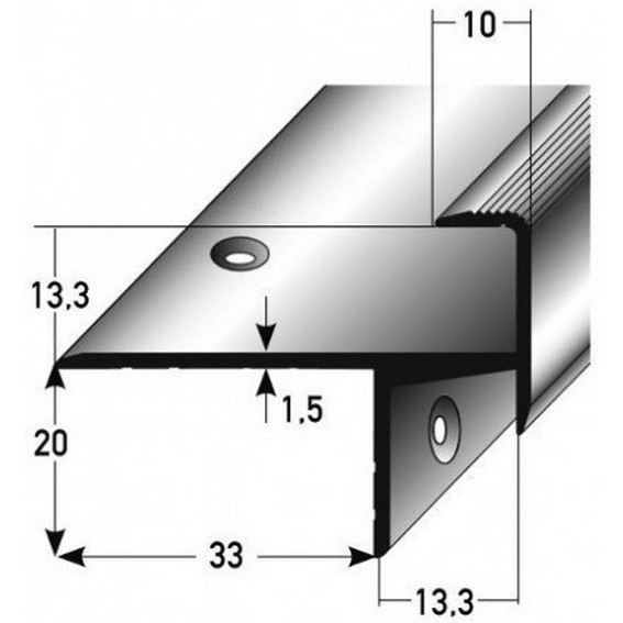 Laminat-Parkett-Treppenkante / Winkelprofil "Cardale", Einfasshöhe 13,3 mm, 33 mm breit, Aluminium eloxiert, gebohrt (Default)