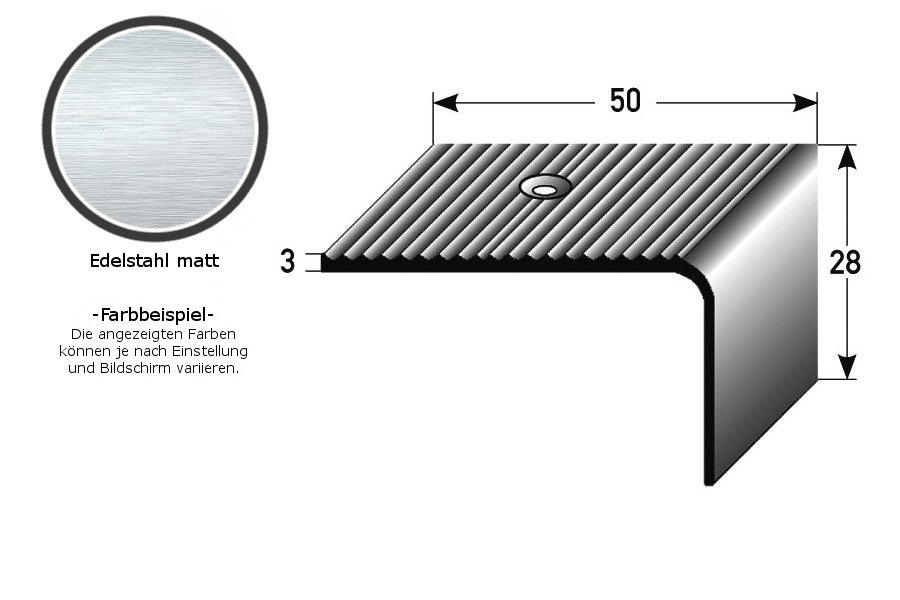 Treppenkante / Winkelprofil "Lynbrook" (Größe 5 mm x 28 mm) aus Edelstahl (matt), Rutschhemmungsklasse R1 DIN 5113, gebohrt-1 (Default)