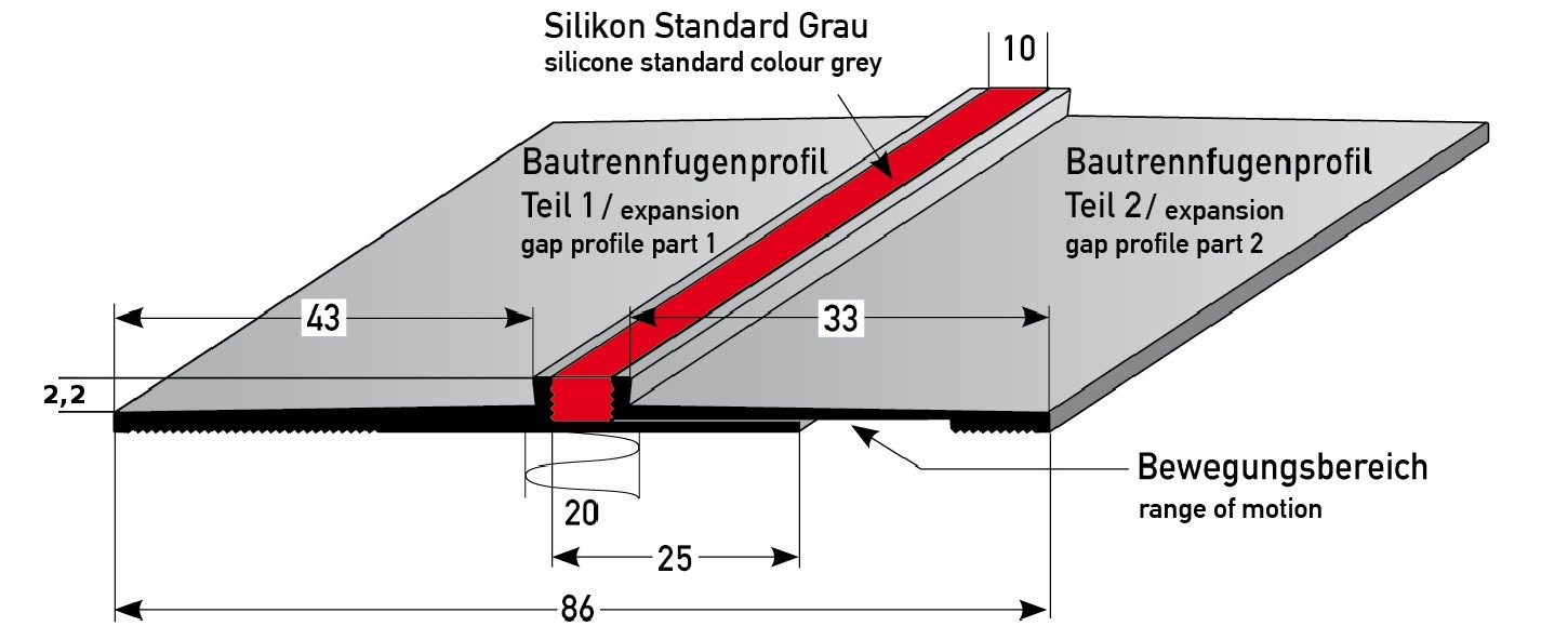 Fliesenprofil "Demmerik" Dehnungsfugenprofil / Trennschiene für Fliesen mit grauer Silikoneinlage, Höhe: 2,2 - 5, mm, mit verstellbarer Breite, Standardbreite: 86 mm, aus Aluminium, gebohrt-2,2 mm (Default)
