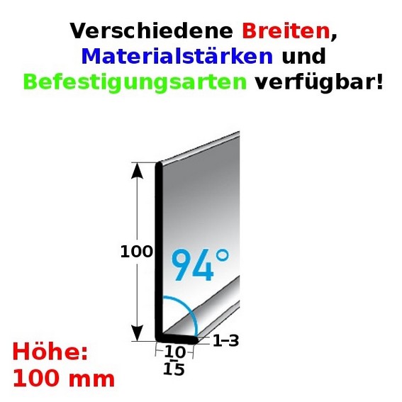 Fußleiste / Sockelleiste (TYP 1) aus Edelstahl, Höhe: 1 mm, mit verschiedenen Breiten, Materialstärken und Befestigungsarten, Winkel: 94° (Default)